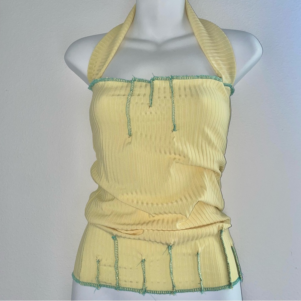 Garment Architect Y2K Sheer Ribbed Strapless Top Yellow Turquoise M/L